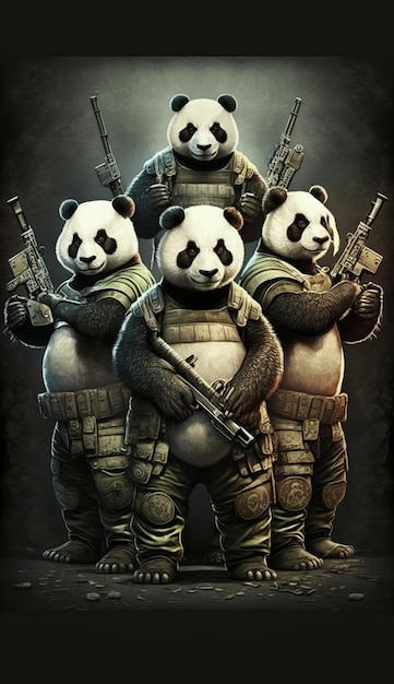 un gruppo di orsi panda con armi e uniformi generative ai