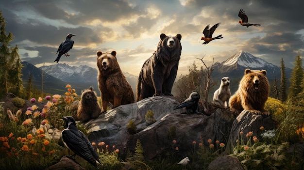 un gruppo di orsi sono su una montagna con uccelli e uccelli.