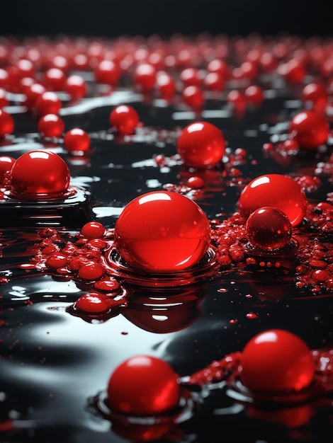 un gruppo di palle rosse che galleggiano sulla superficie nera