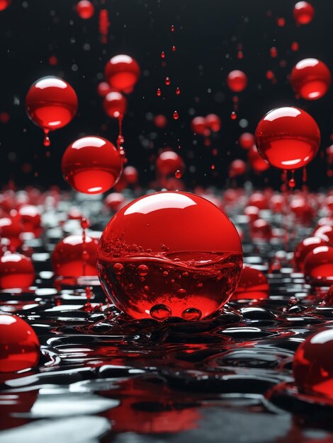 un gruppo di palle rosse che galleggiano sulla superficie nera