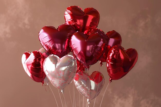 Un gruppo di palloncini a forma di cuore di varie sfumature