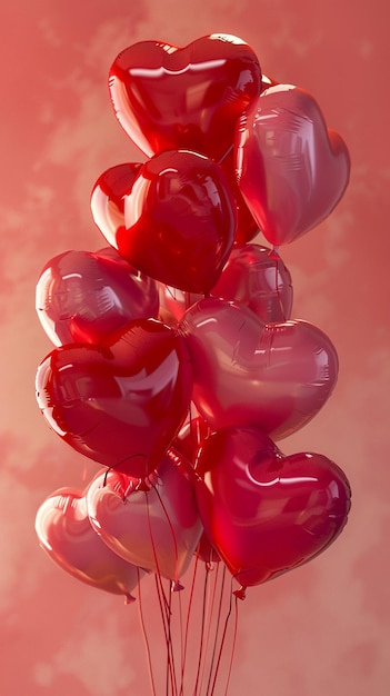 Un gruppo di palloncini a forma di cuore di varie sfumature