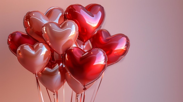 Un gruppo di palloncini a forma di cuore di varie sfumature