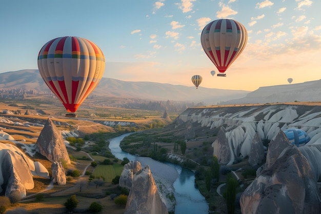 Un gruppo di palloncini ad aria calda che sorvolano la valle