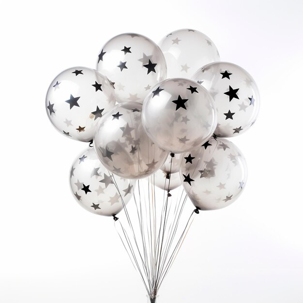 Un gruppo di palloncini trasparenti con stelle stampate su di loro con sfondo bianco isolato