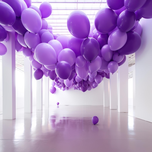 Un gruppo di palloncini viola galleggia in una stanza bianca