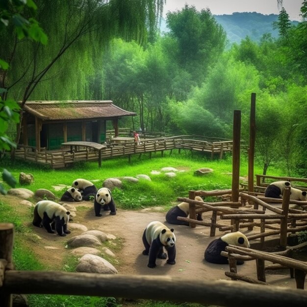 Un gruppo di panda si trova in uno zoo con una staccionata di legno.