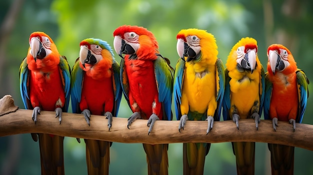 un gruppo di pappagalli colorati seduti sulla corteccia con sfondo sfocato
