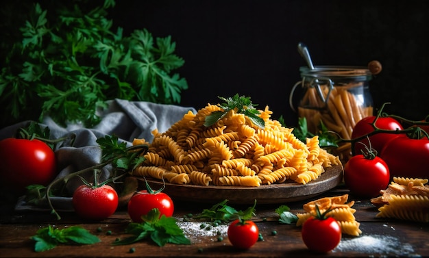 un gruppo di pasta pomodori con erbe aromatiche e sale su un tavolo