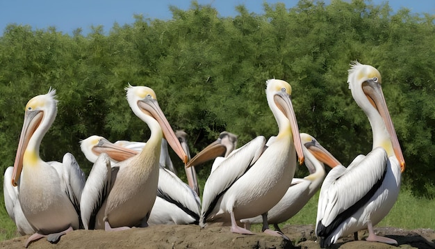 Un gruppo di pellicani che si riposano su una zona verde e cespugliosa