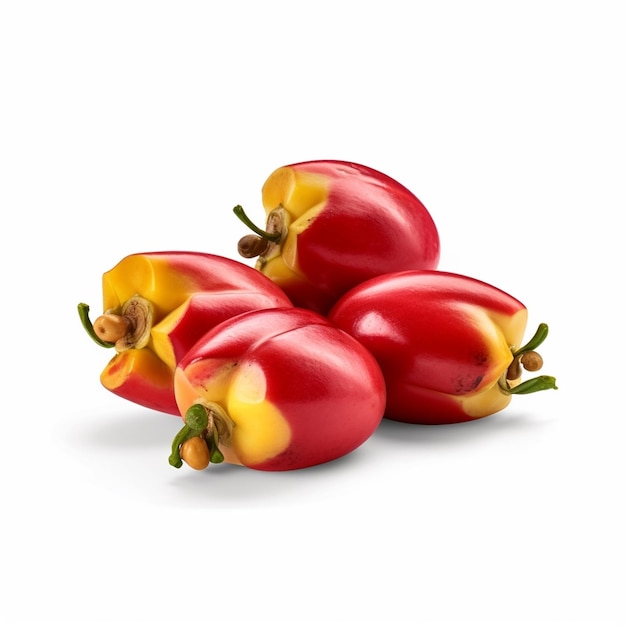 Un gruppo di peperoni rossi e gialli con la parola mela sul fondo.