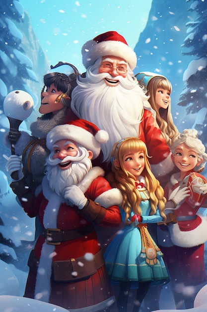 un gruppo di personaggi dei cartoni animati con Babbo Natale