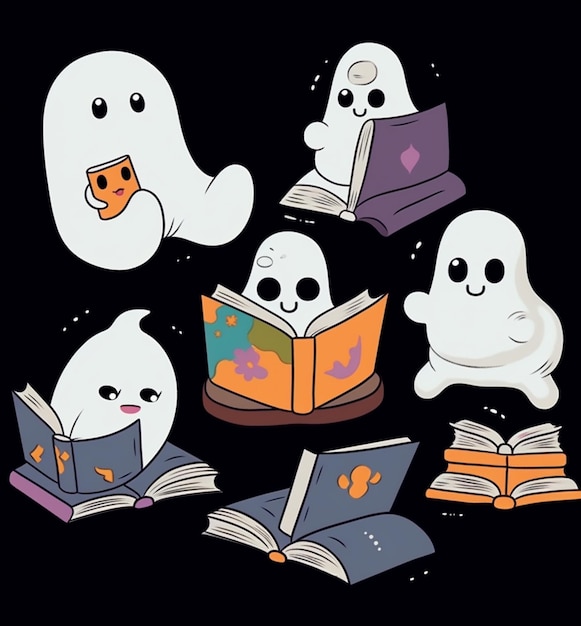 un gruppo di personaggi fantasma che leggono libri e bevono caffè generativo ai