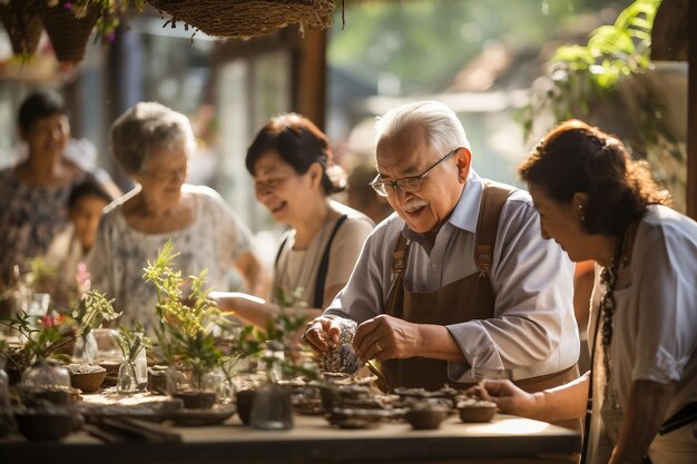 Un gruppo di persone anziane che condividono il loro amore per il giardinaggio e la piantagione Generative Ai