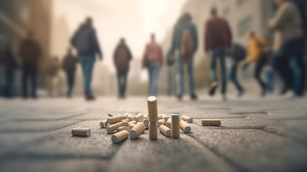 Un gruppo di persone cammina per strada con le sigarette per terra.