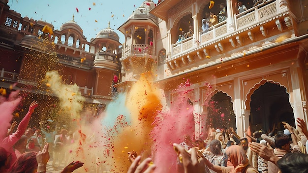 Un gruppo di persone celebra la festa indù di Holi, si lanciano polvere colorata l'un l'altro e ballano al suono della musica.