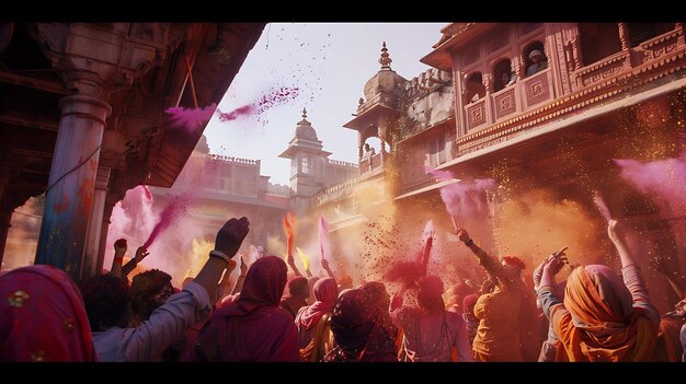 Un gruppo di persone celebra la festa indù di Holi, si lanciano polvere colorata l'un l'altro e ballano per le strade.