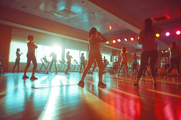 Un gruppo di persone che ballano energicamente e praticano la coreografia in uno studio di danza ben illuminato con specchi sulle pareti Scenario di lezione di aerobica catturato in una palestra Generato da IA
