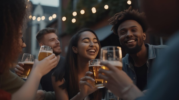 Un gruppo di persone che brindano con bicchieri di birra in un pub.