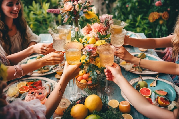 Un gruppo di persone che brindano con limoni e arance su un tavolo in un giardino