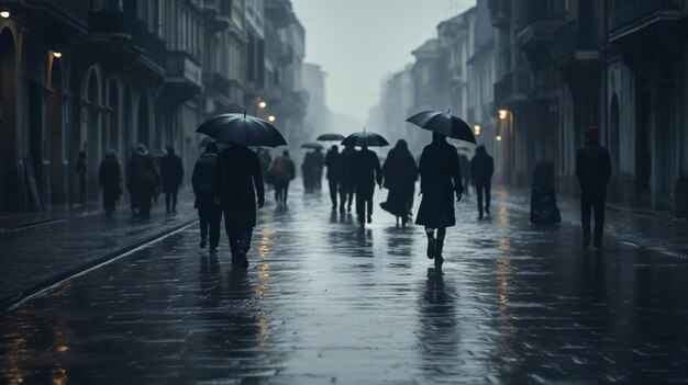 un gruppo di persone che cammina lungo una strada bagnata