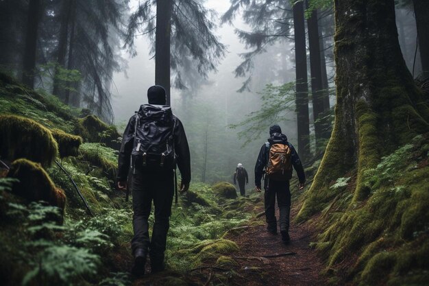 un gruppo di persone che camminano attraverso una foresta