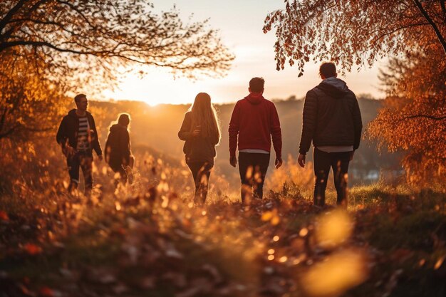 un gruppo di persone che camminano in un campo con il sole dietro di loro