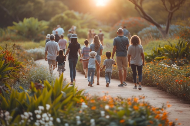 Un gruppo di persone che camminano in un parco in una giornata di sole