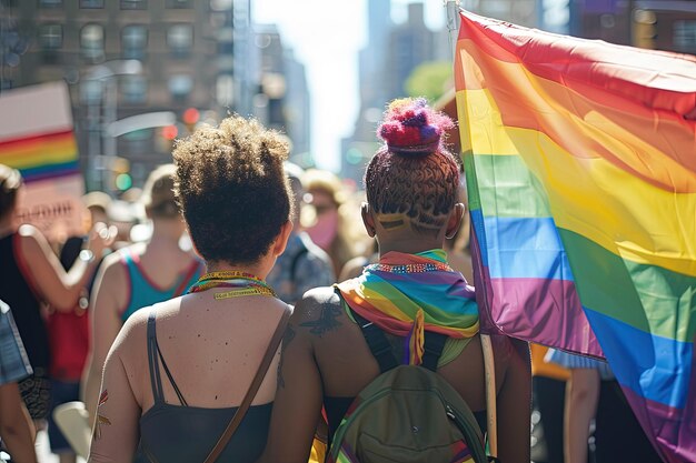 Un gruppo di persone che camminano per una strada con in mano una bandiera arcobaleno