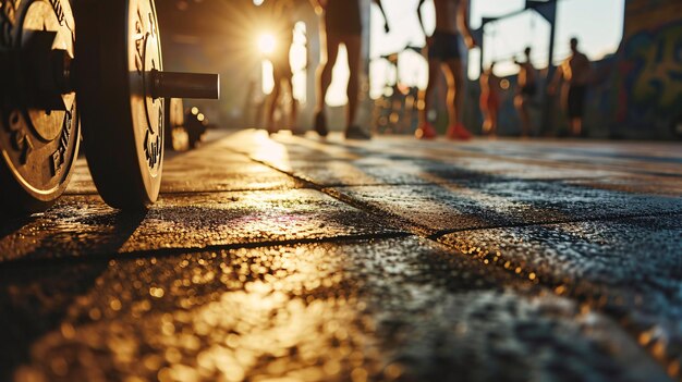 Un gruppo di persone che camminano su un pavimento di piastrelle durante il tramonto