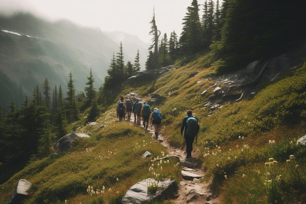 Un gruppo di persone che camminano su un sentiero in montagna