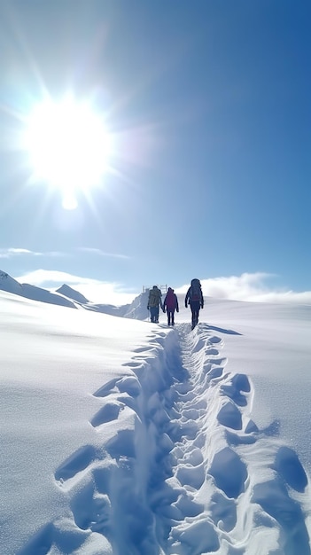 Un gruppo di persone che camminano su una montagna innevata con il sole che splende su di loro.