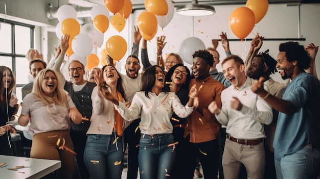 Un gruppo di persone che celebrano una festa con palloncini e coriandoli