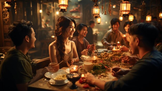 Un gruppo di persone che cenano e celebrano il festival culturale cinese del capodanno