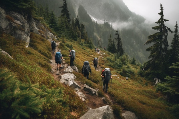 Un gruppo di persone che fa un'escursione su un sentiero di montagna con una montagna sullo sfondo