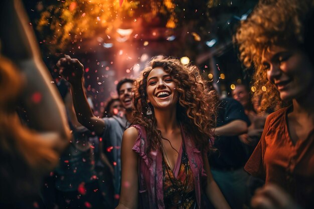 Un gruppo di persone che festeggia con i confetti in discoteca