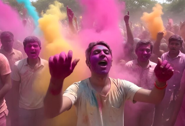 un gruppo di persone che festeggia Holi con polvere colorata