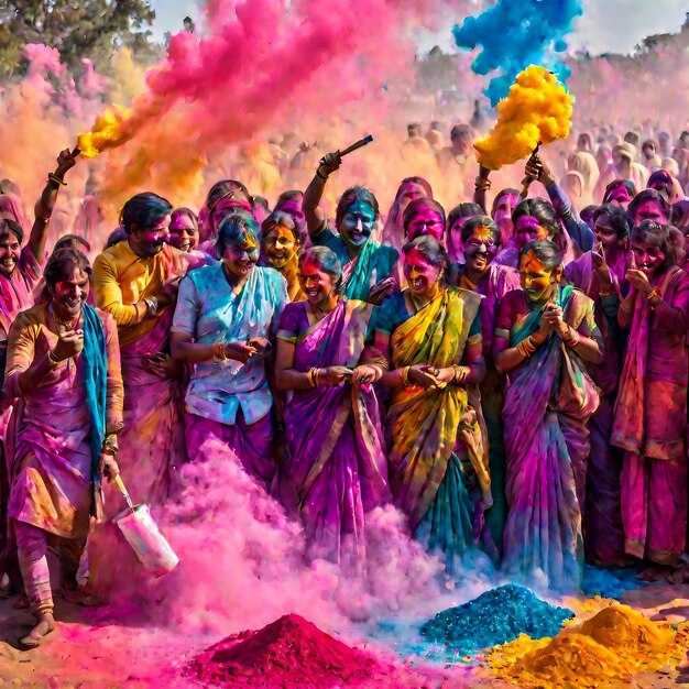 Un gruppo di persone che festeggia Holi e lancia Gulal in aria