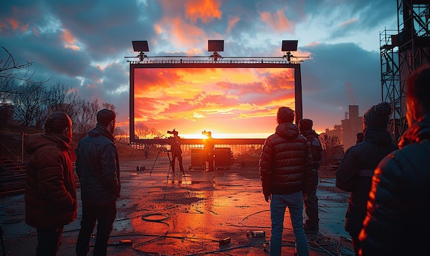 un gruppo di persone che guardano un tramonto su uno schermo