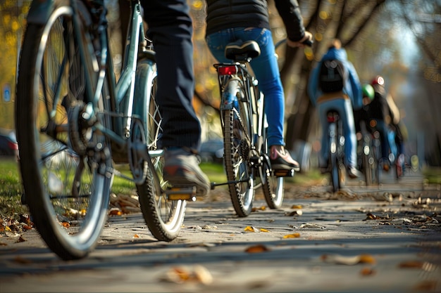 Un gruppo di persone che guidano le biciclette lungo un marciapiede