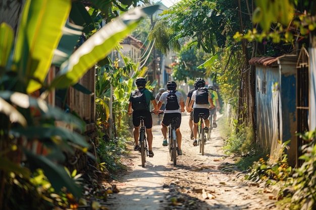 Un gruppo di persone che guidano le biciclette lungo una strada di terra