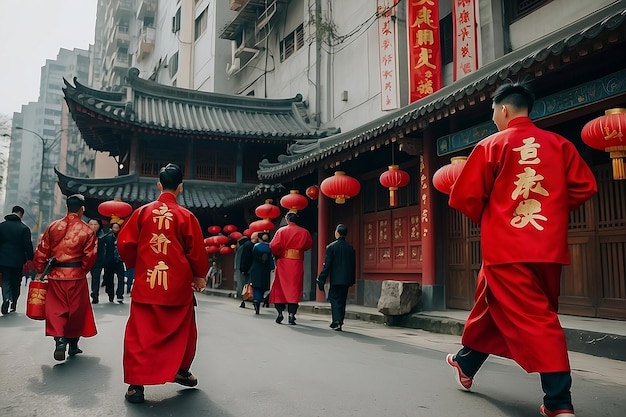 un gruppo di persone che indossano abiti rossi camminano per una strada