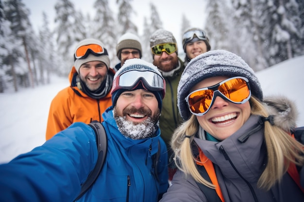 Un gruppo di persone che indossano attrezzature da sci scattano un selfie insieme