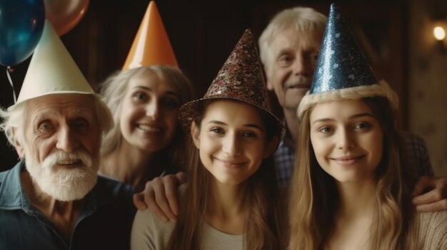 Un gruppo di persone che indossano cappelli da festa e sorridono alla telecamera