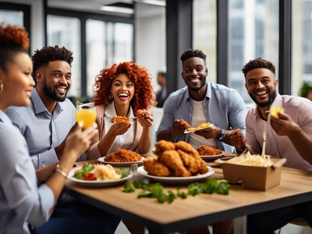 un gruppo di persone che mangiano cibo e sorridono alla telecamera