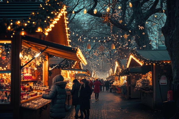 Un gruppo di persone che passeggiano con gioia lungo una strada splendidamente decorata piena di scintillanti luci di Natale Un festoso mercatino di Natale illuminato con lucine AI Generato