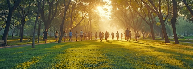 Un gruppo di persone che passeggiano nel parco al mattino per fare esercizio fisico