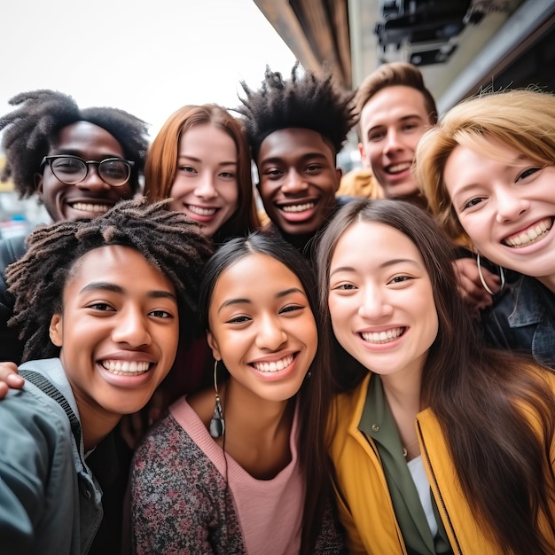 un gruppo di persone che posano per una foto con uno che indossa una camicia gialla che dice "I'm a quote"