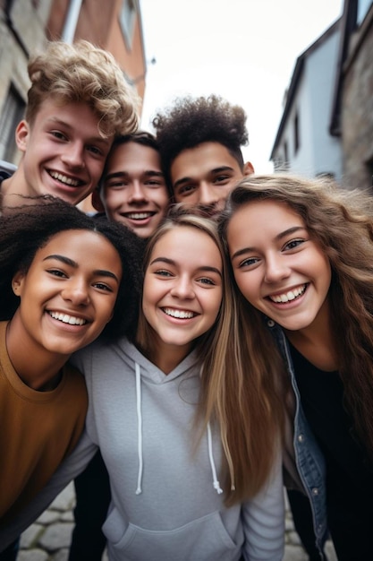 un gruppo di persone che posano per una foto con uno di loro che indossa un cappuccio grigio