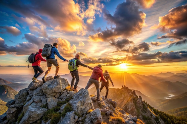 un gruppo di persone che si arrampicano su una montagna con il sole dietro di loro